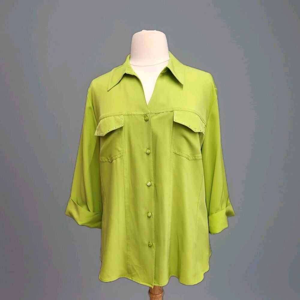 Maggie Barnes Catherines Lime Green Button Up Studded Pockets 2X Top 3/4 Sleeve
